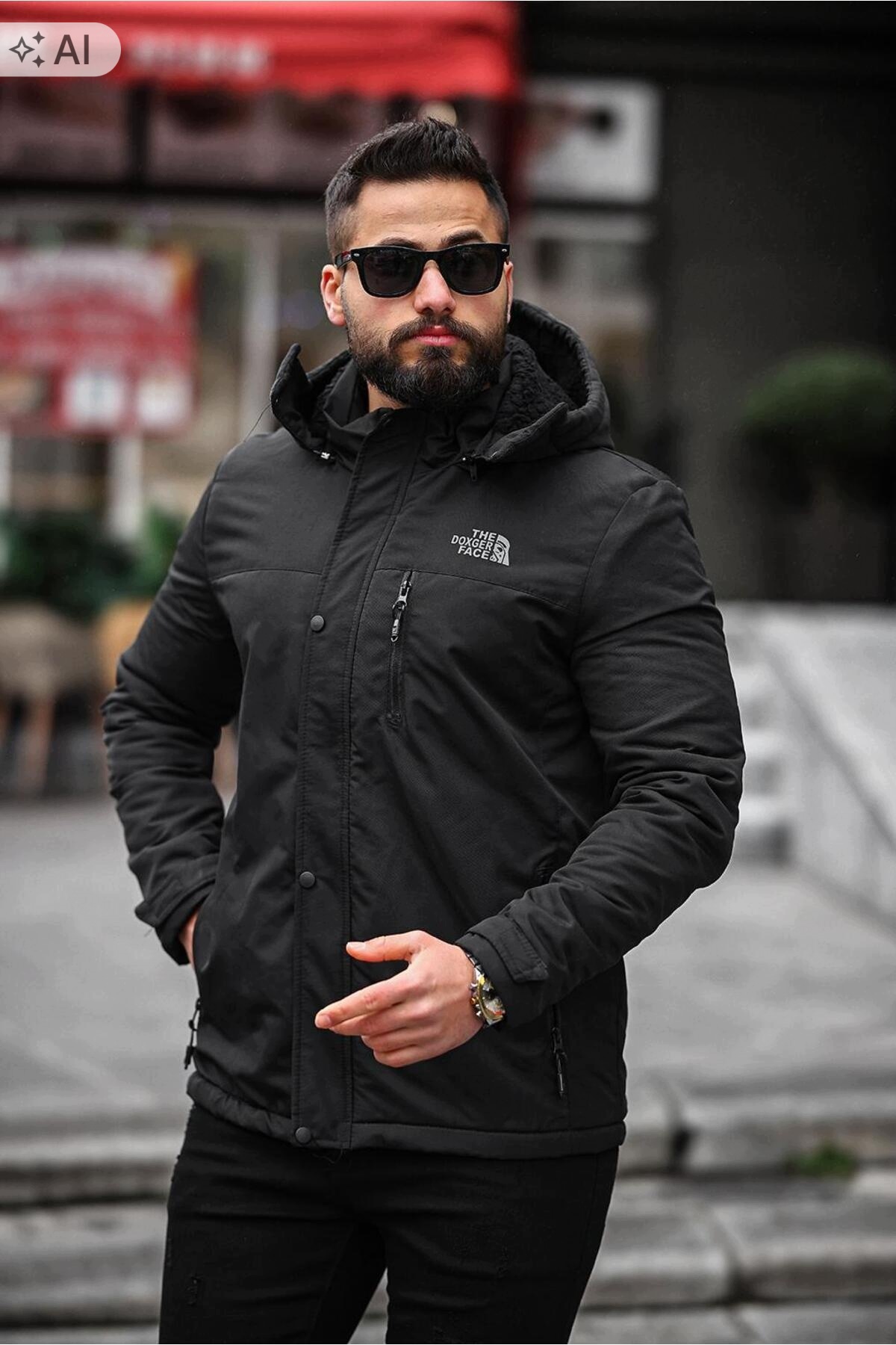 Doxger Černá Pánská Bunda S Kapucí A Kapsou Na Zip, Velikost XL 5IA