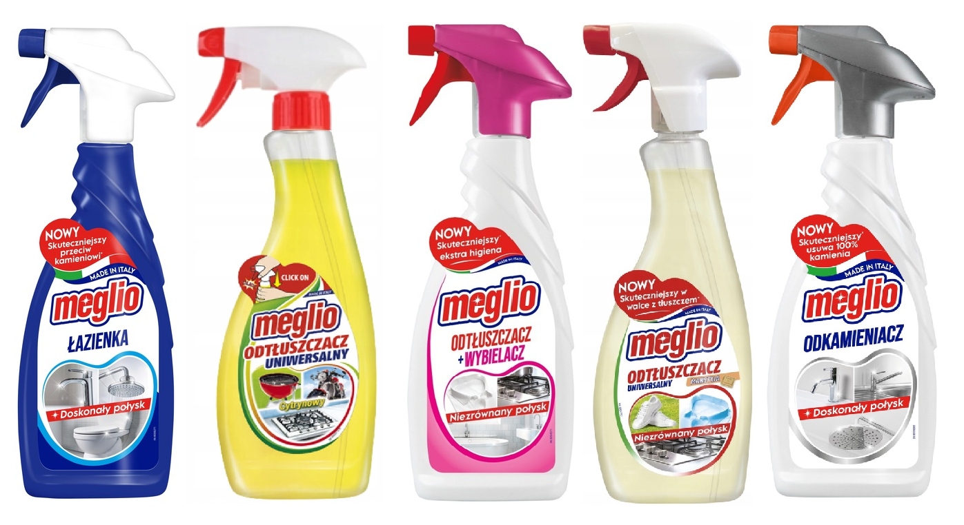 Levně Meglio Odmašťovač+Bělidlo+Do koupelny +Odvápňovač+Odmašťovač Univ.