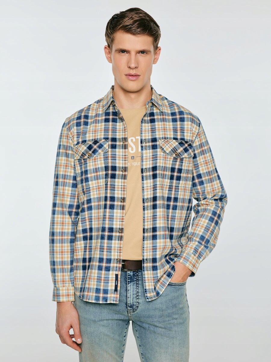 Big Star Pánská bavlněná kostkovaná košile béžovo-granátová Kolisew 800 XXL