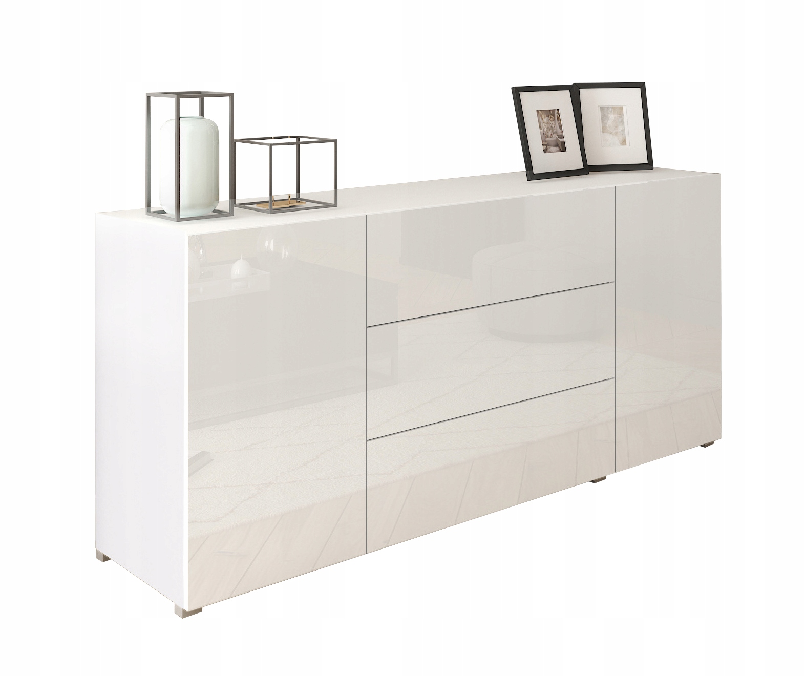 Stojící komoda 150 cm, 3 zásuvky a 2 skříňky korpus mat fronty lesk bílý