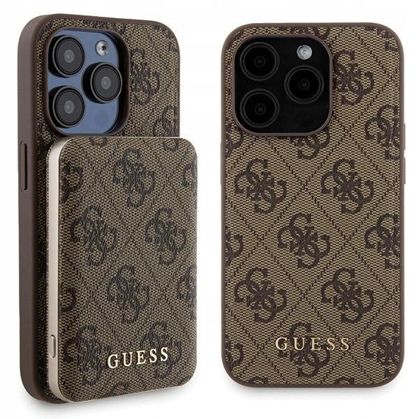 Guess 4G Metal Gold Logo zestaw iPhone 15 Pro etui powerbank 5000mAh