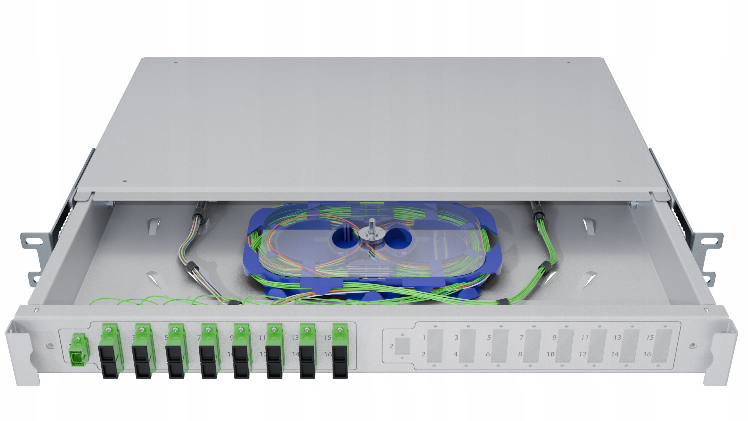 Optický přepínač Rack 19" 1U 2x1:16 Plc Sc/apc Skříň Šuplík