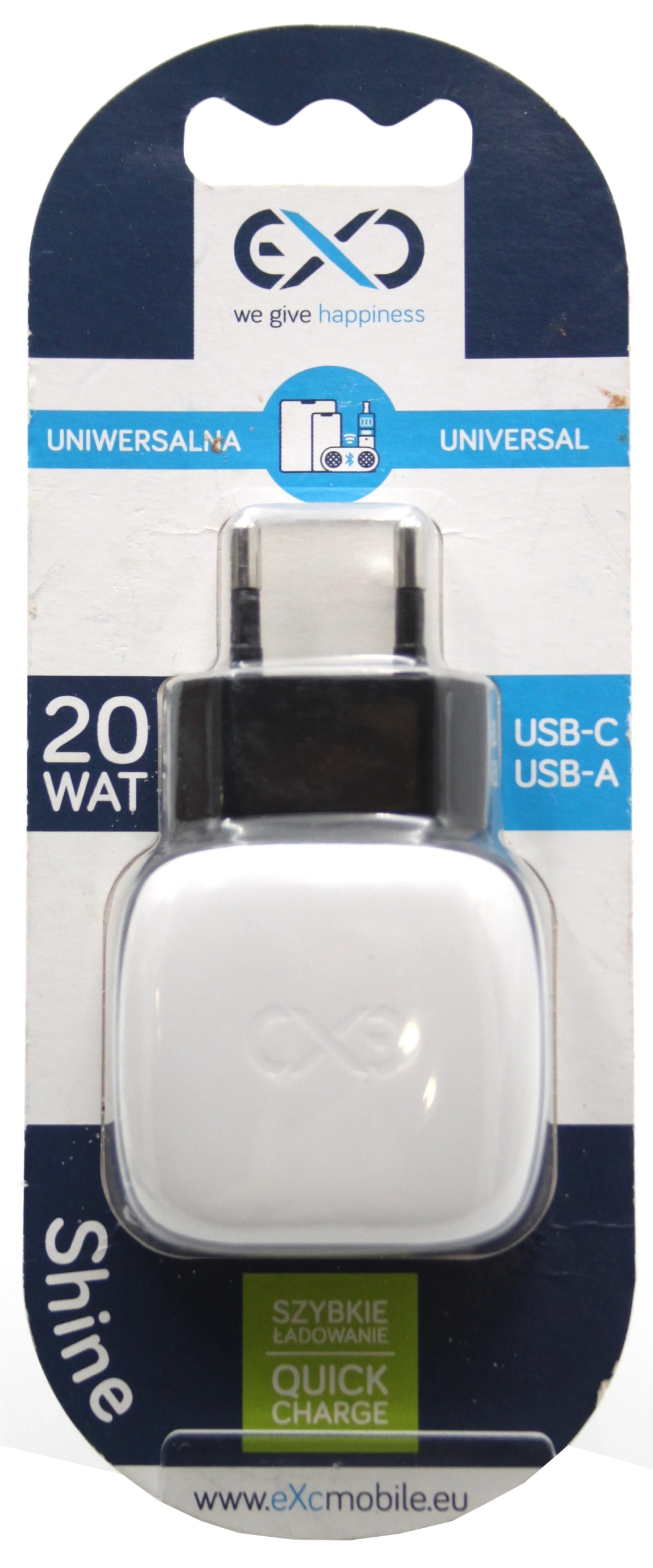 eXc ładowarka sieciowa SHINE 1xUSBA QC + 1xUSBC PD 20W czarno-biała