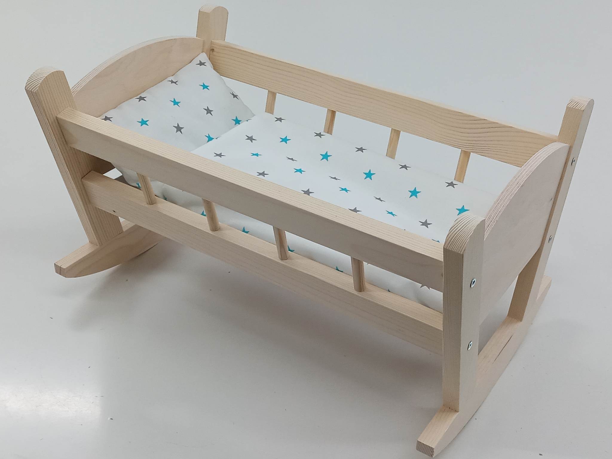 KOŁYSKA DREWNIANA dla lalek NIEMALOWANA + POŚCIEL