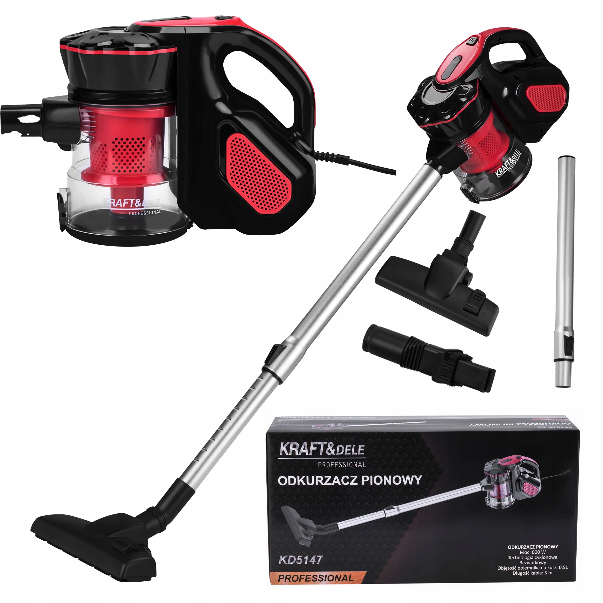 Tyčový Vysavač Kabelový 2v1 5 m 230 V 600 W 0,5 L Kraft&Dele
