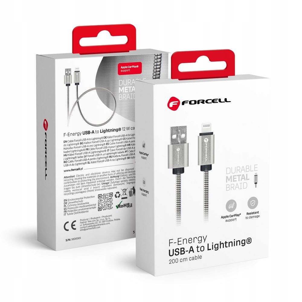 Kabel Usb A do Lightning Forcell F-Energy 2,4A 12W Metal 2 m C236 srebrny