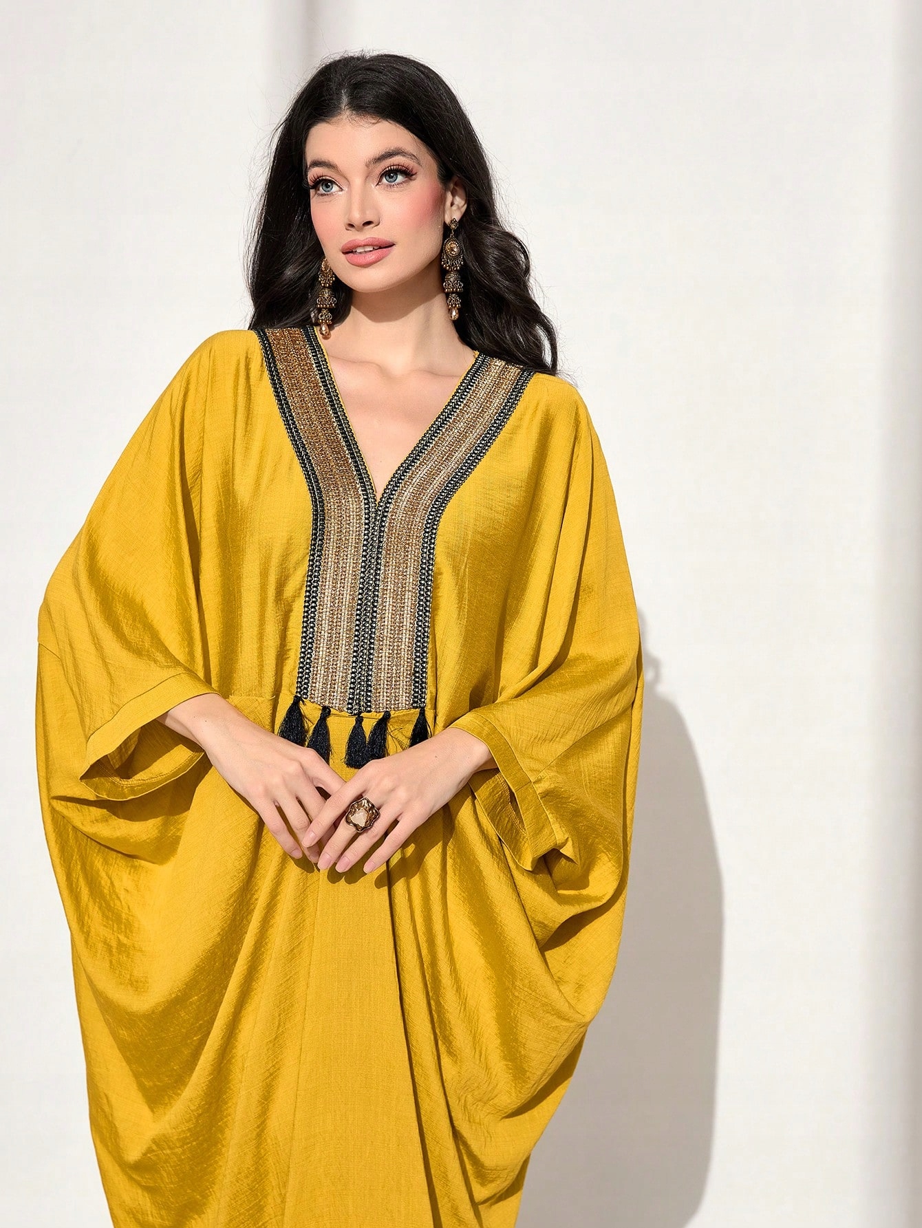 Šaty Maxi S Třásněmi, Lesklá V Arabském Stylu, Žlutá Shein, Velikost 36