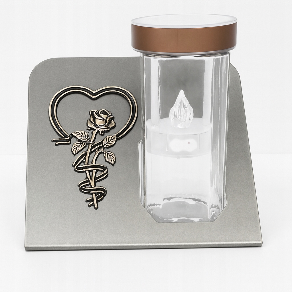 Hřbitovní Svíčka Růže v srdci stříbrná, Led, krásný design, ideální pro blízký hrob