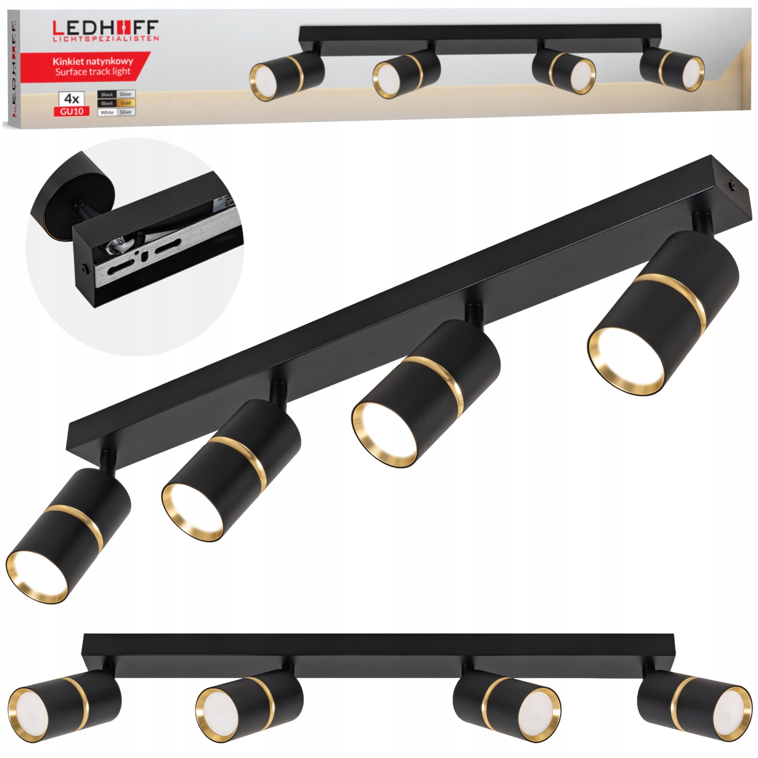 stropní svítidlo Led Spot kolejnice, halogenová lampa 4x GU10 Tuba Černá zlatá