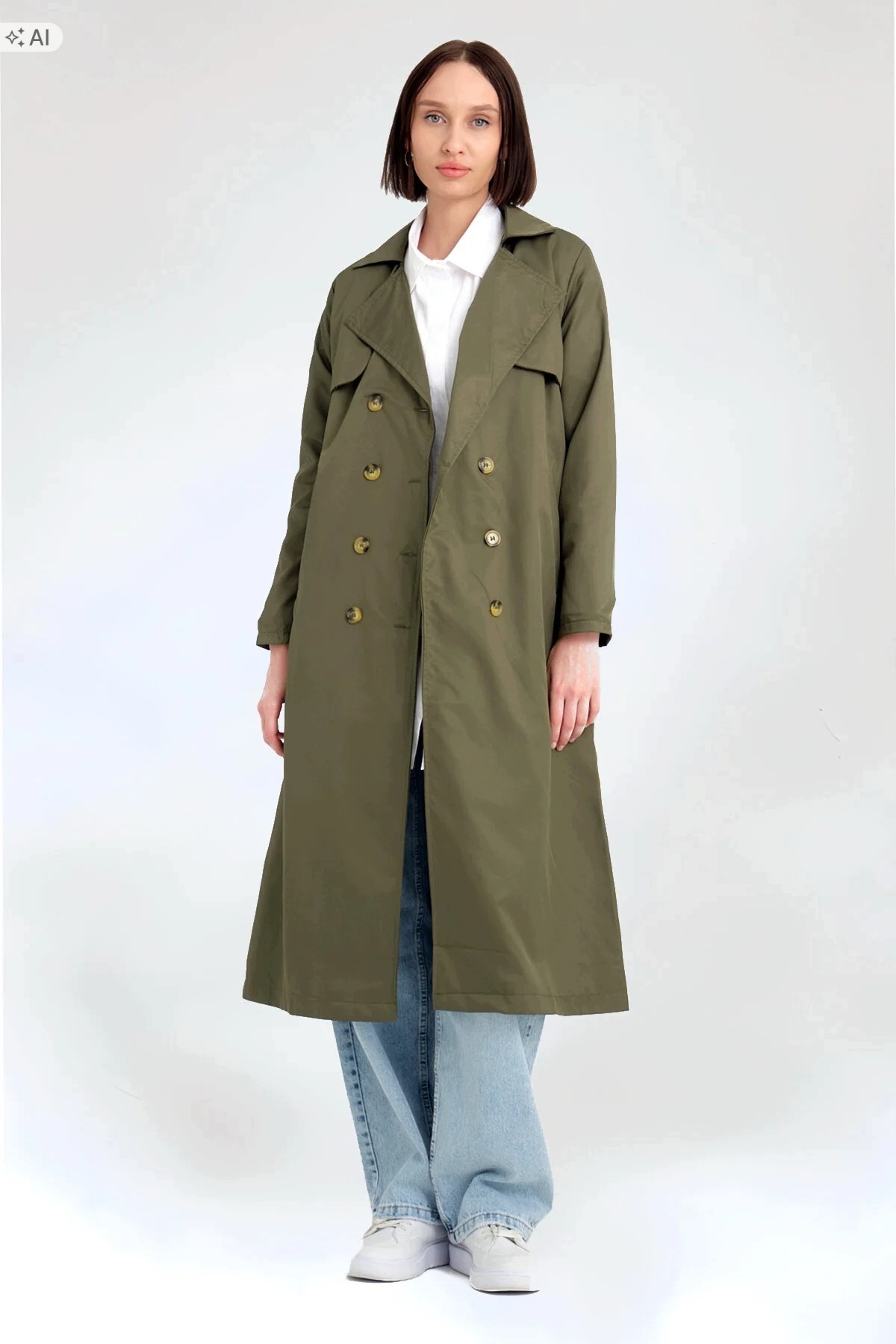 Dlouhý, Hladký, Klasický Dvouřadý Kabát Olive L 5IA