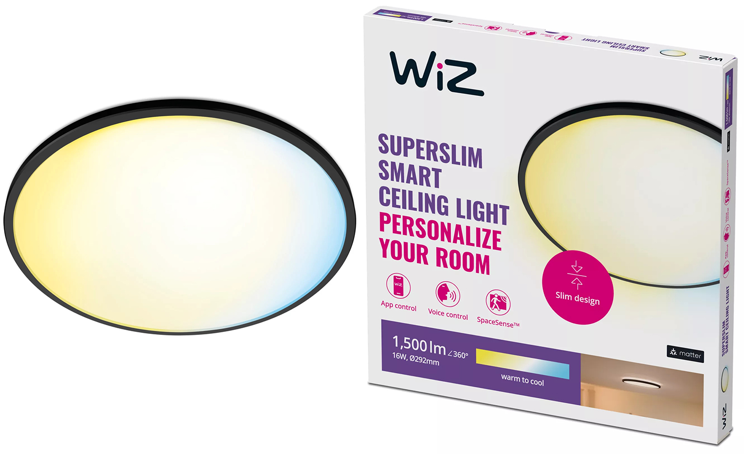 Led stropné svietidlo Stropné Svietidlo montáž 16W Cct čierne okrúhle Smart WiFi WiZ