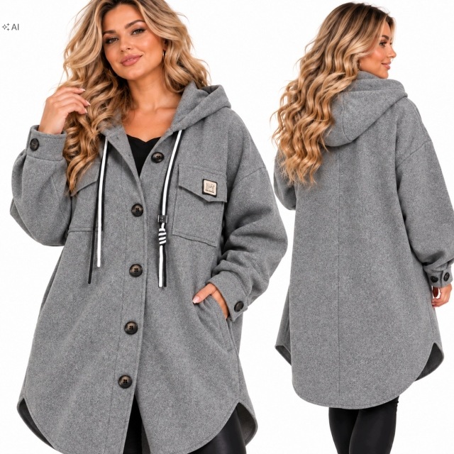 Módní senzační kabát s kapucí mikina bunda šedá 54 56 7xl 8xl