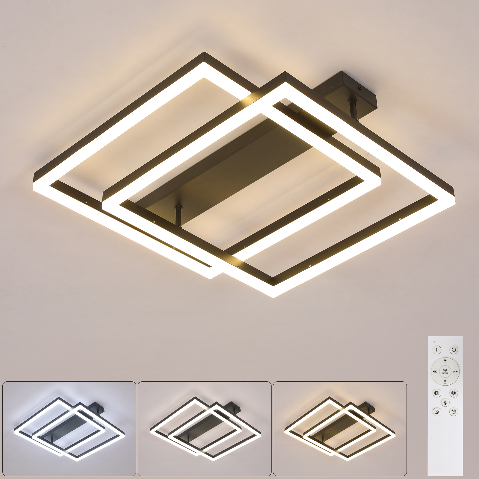 Lampa Sufitowa Led Zyrandol Czarna Kwadrat Nowoczesna Z Pilotem Salonu 42W