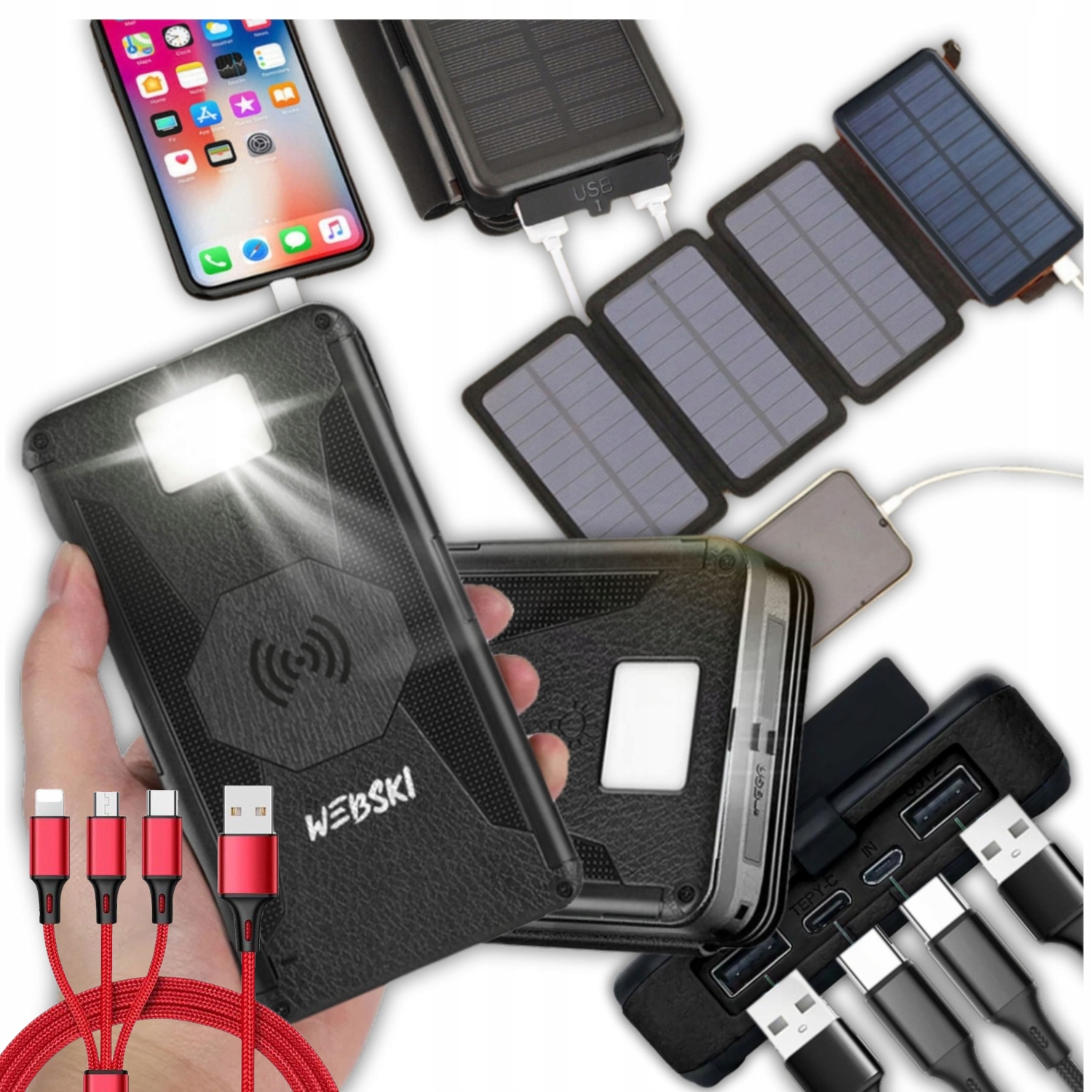 Výkonná Kapacitní Solární Powerbanka 20000 mAh Bezdrátová Nabíječka Kabel 3V1