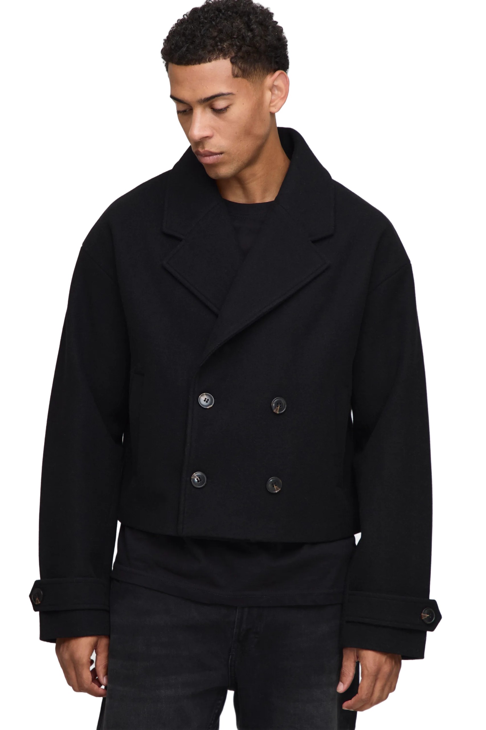 Boohooman Krátký Černý Dvouřadý Pánský Kabát S Klopami L Z3A