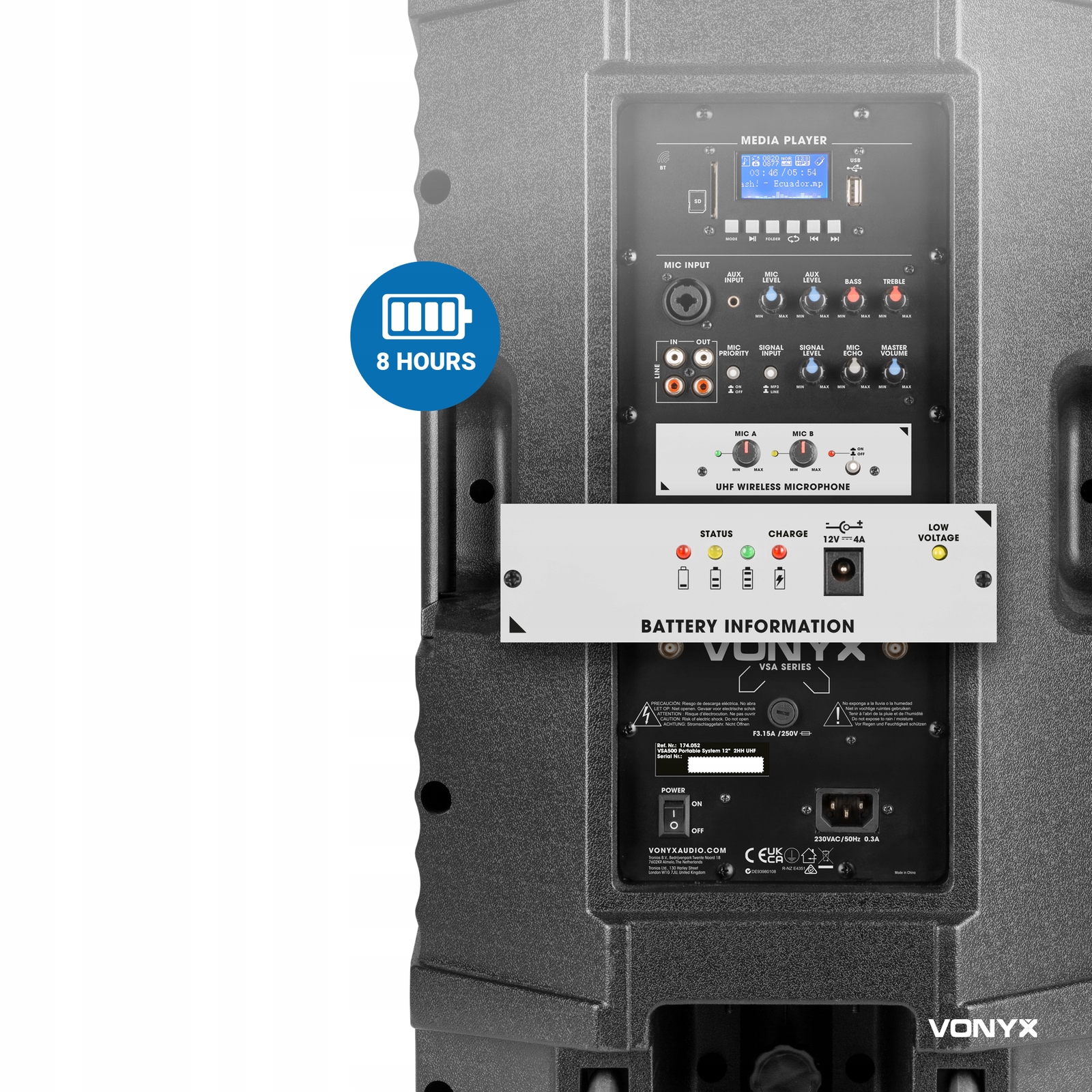 Kolumna aktywna 12"800W BT bateria 2x mic Moc muzyczna PMPO 800 W