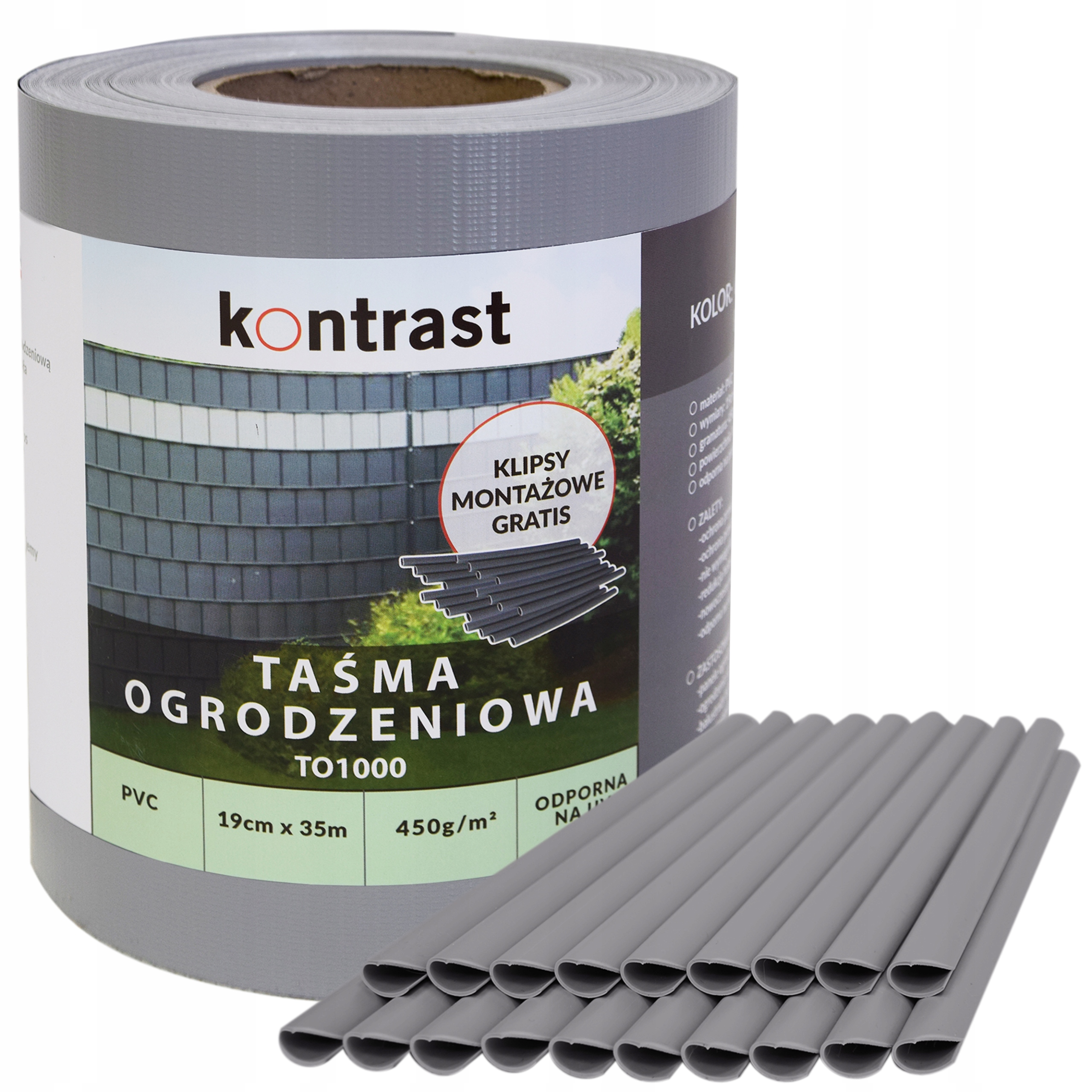 TAŚMA OGRODZENIOWA OSŁONA PŁOT PANEL UV 450g 19cmx35m KLIPSY SZARA