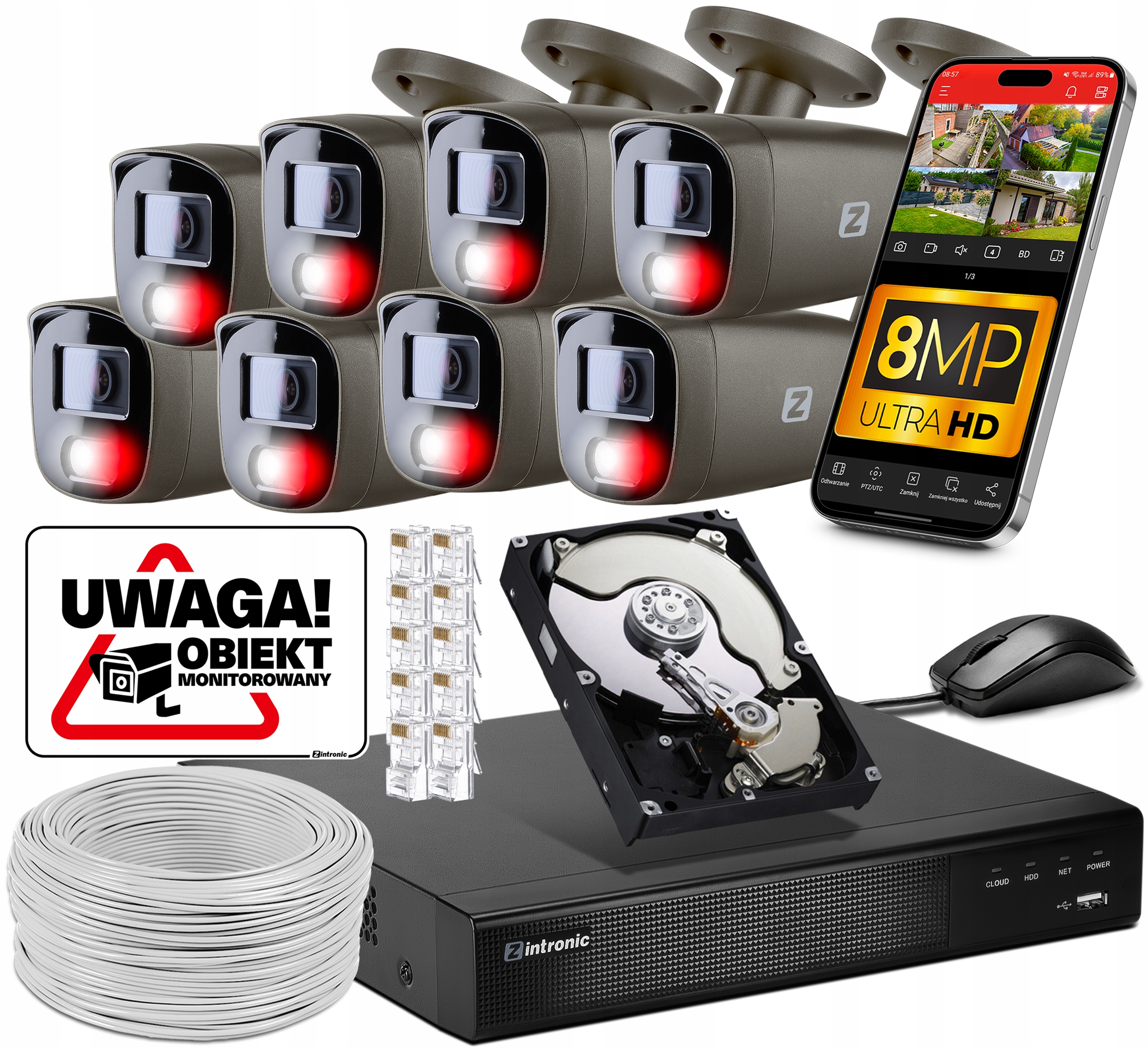 Sada Monitorování 8 kamer Poe 4K Ultra Hd 8Mpx Šedá Detekce lidí a aut