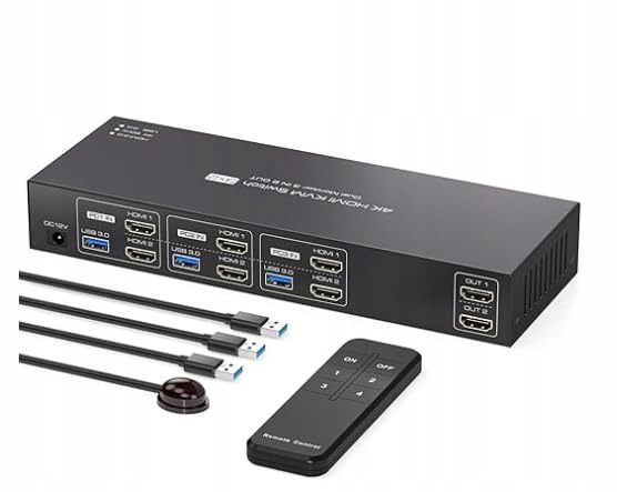 Prepínač Kvm Hdmi 3 Pc 2 monitory 4K 60Hz Usb 3.0 Ir diaľkový ovládač