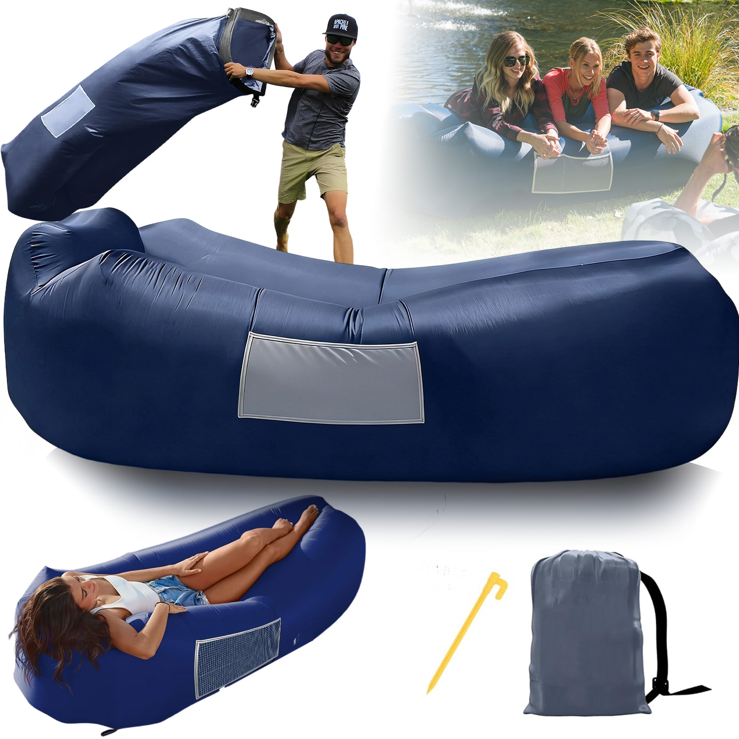 Materac Dmuchany Lazy Bag Leżak Na Plażę Air Sofa Z Kieszenią Składany