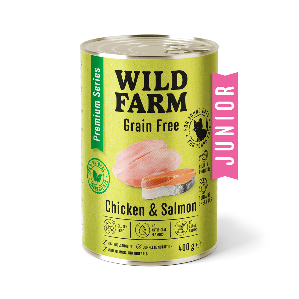 9X Wild Farm Premium Grain Free Chicken Salmon Junior 400g bezobilné krmivo
