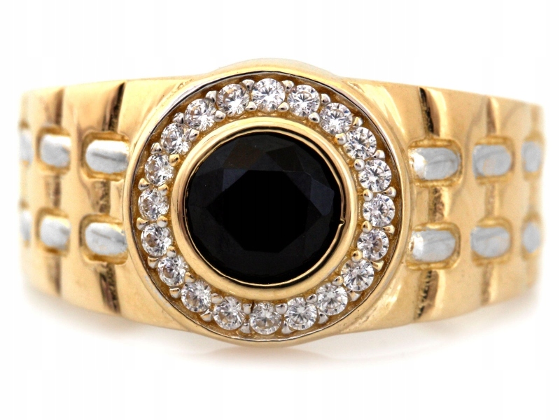 Zlatý pánský prsten 585 s zirkony a onyxem vel.22, efektní jako dárek