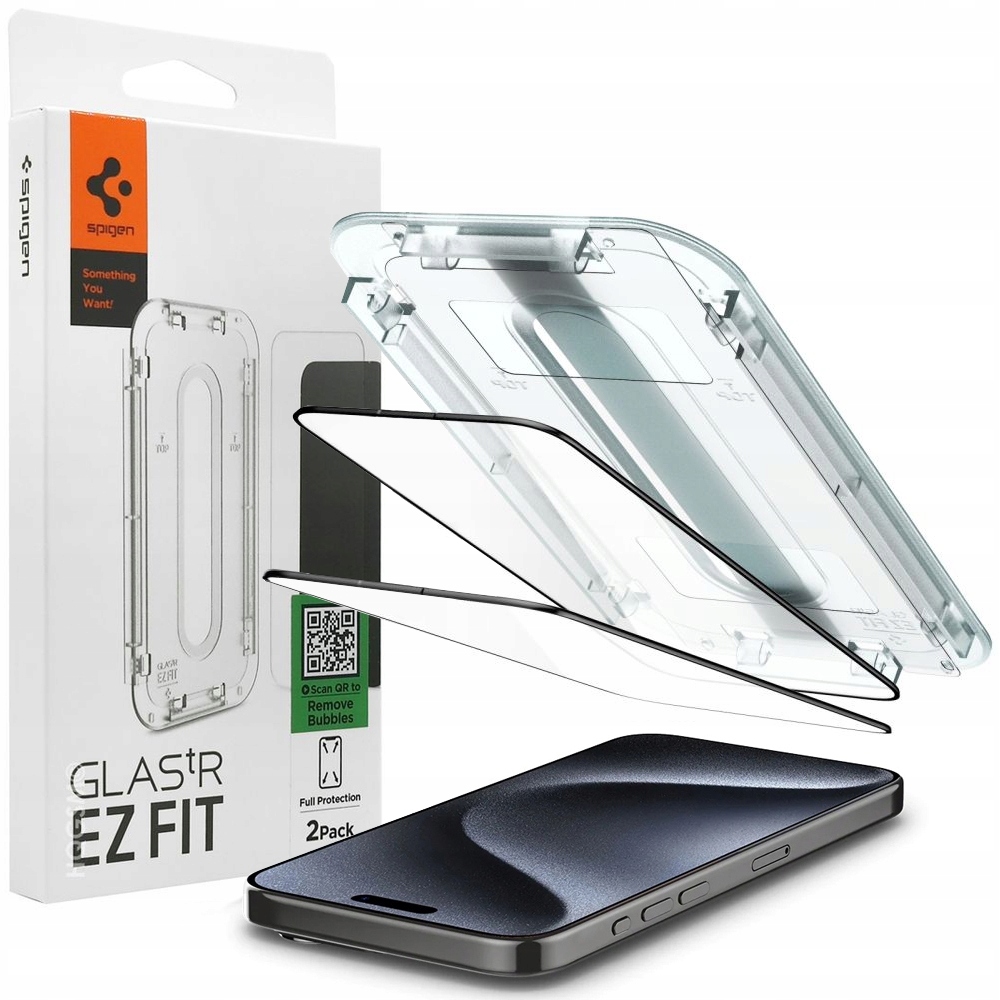 Pełne Szkło Hartowane Spigen Ez Fit do iPhone 15 Pro , z Aplikatorem 2szt