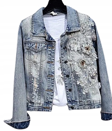 MD jansová bunda světlé džíny knoflíky květy zirkony S/36