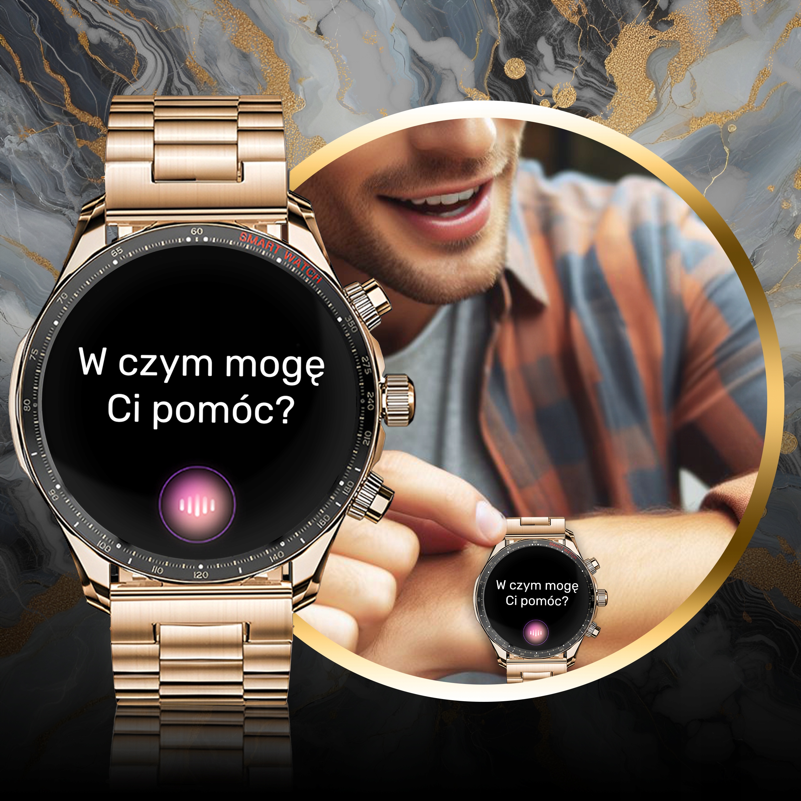 SMARTWATCH ZEGAREK MENU MĘSKI GOLD ROZMOWY POLSKIE SPORT AMOLED SMART WATCH Lokalizator GPS brak informacji