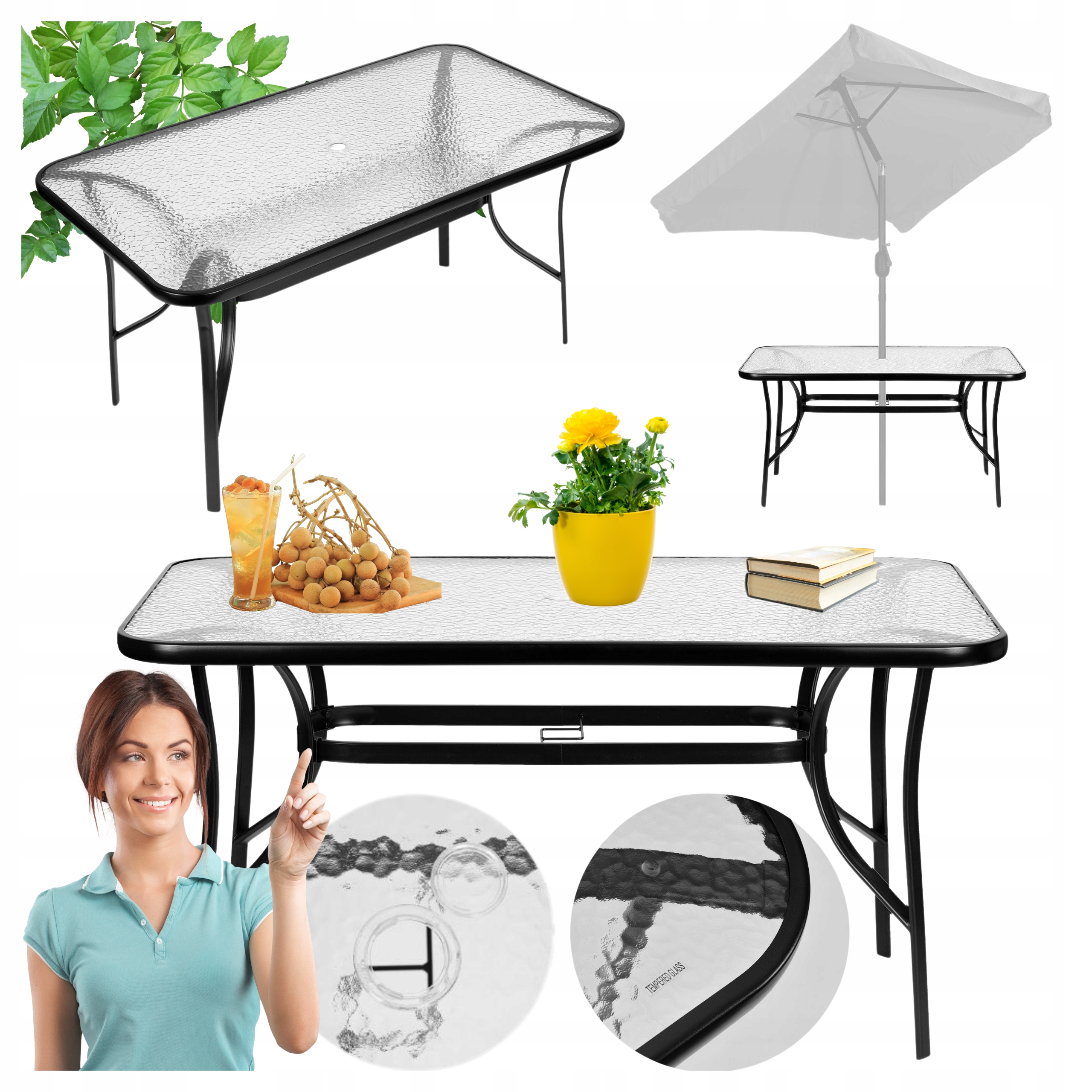 Stół Ogrodowy Na Taras Ogród Szkło Hartowane 120x70cm 6os +Otwór Na Parasol