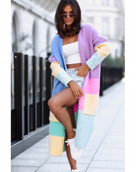 Dlouhý kardigan Svetr Royal Pastelový Barevný blok Vlna Maxi Polský