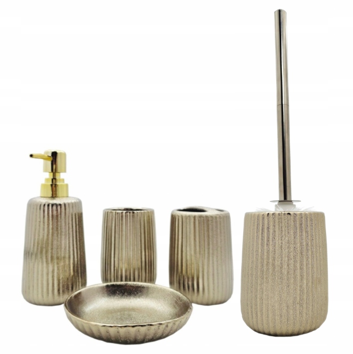 Koupelnový Set x5 Zlatý Dávkovač Hrnky Mýdlenka Wc Kartáč 6365 6357