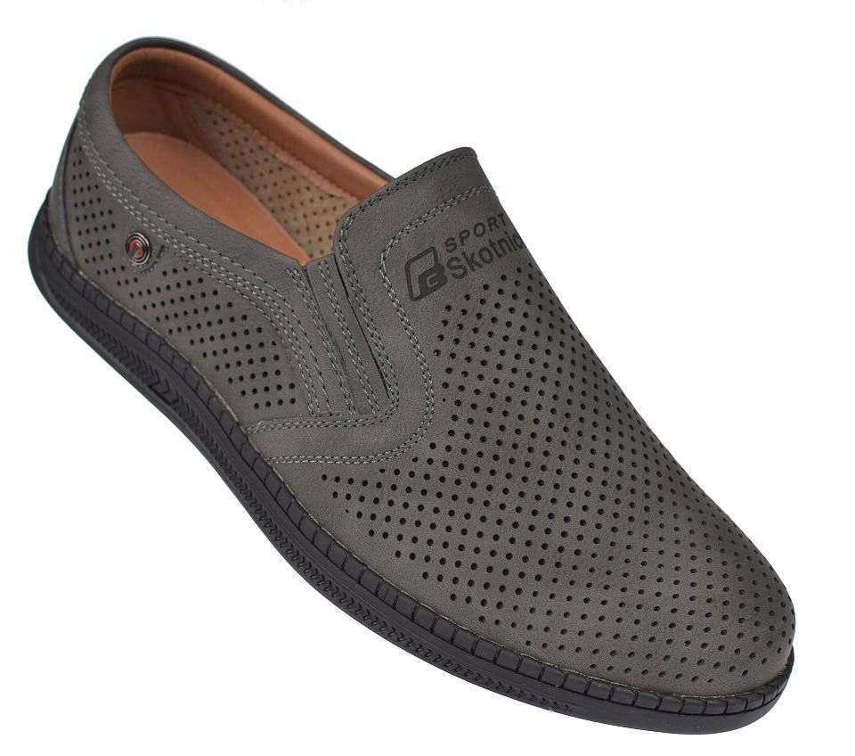 Pánské ažurové mokasíny P-4-0734 šedé, lehké, nazouvací letní polobotky vel. 42