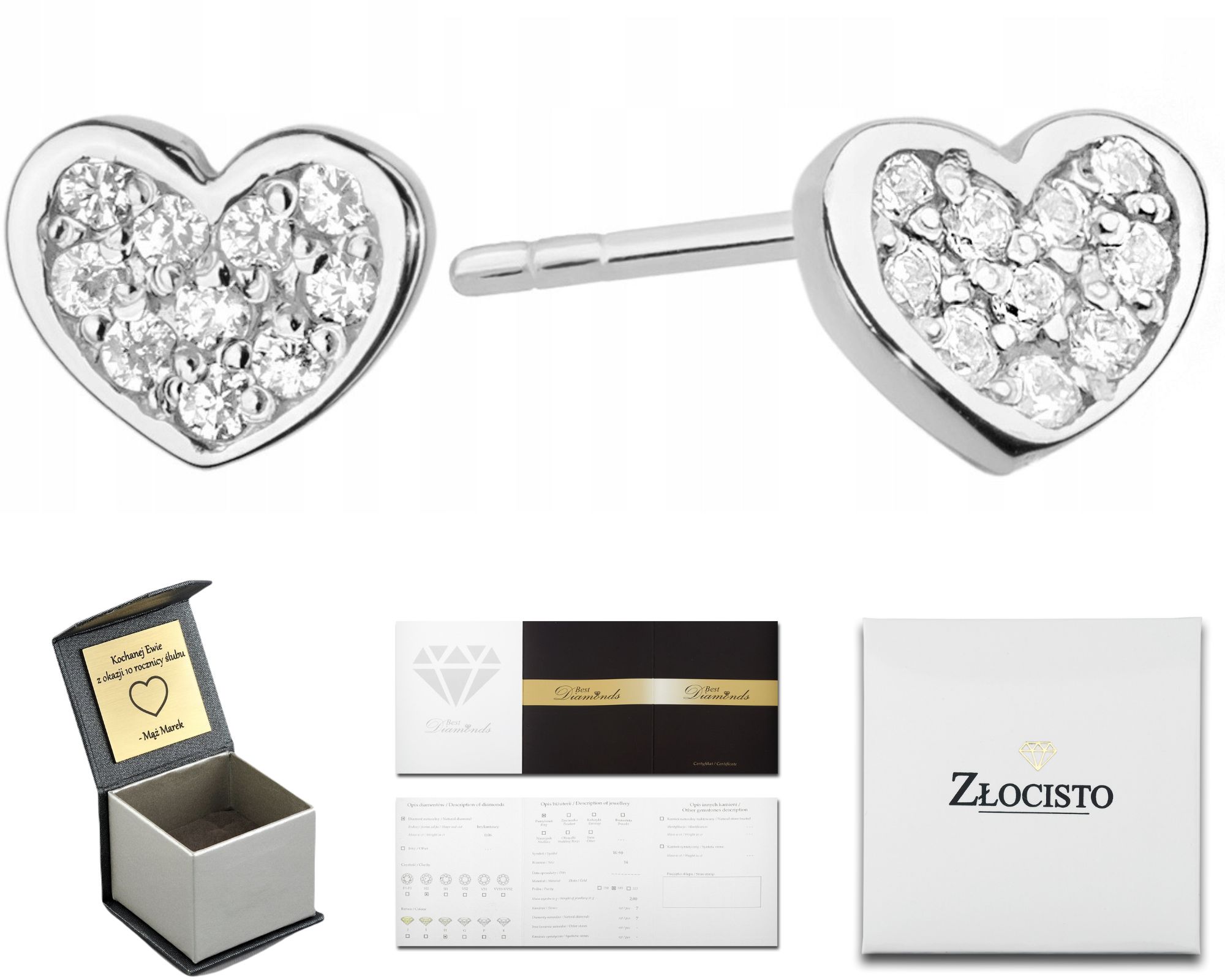 Bílé Zlaté Náušnice S Brilianty, Šrouby Srdce 585