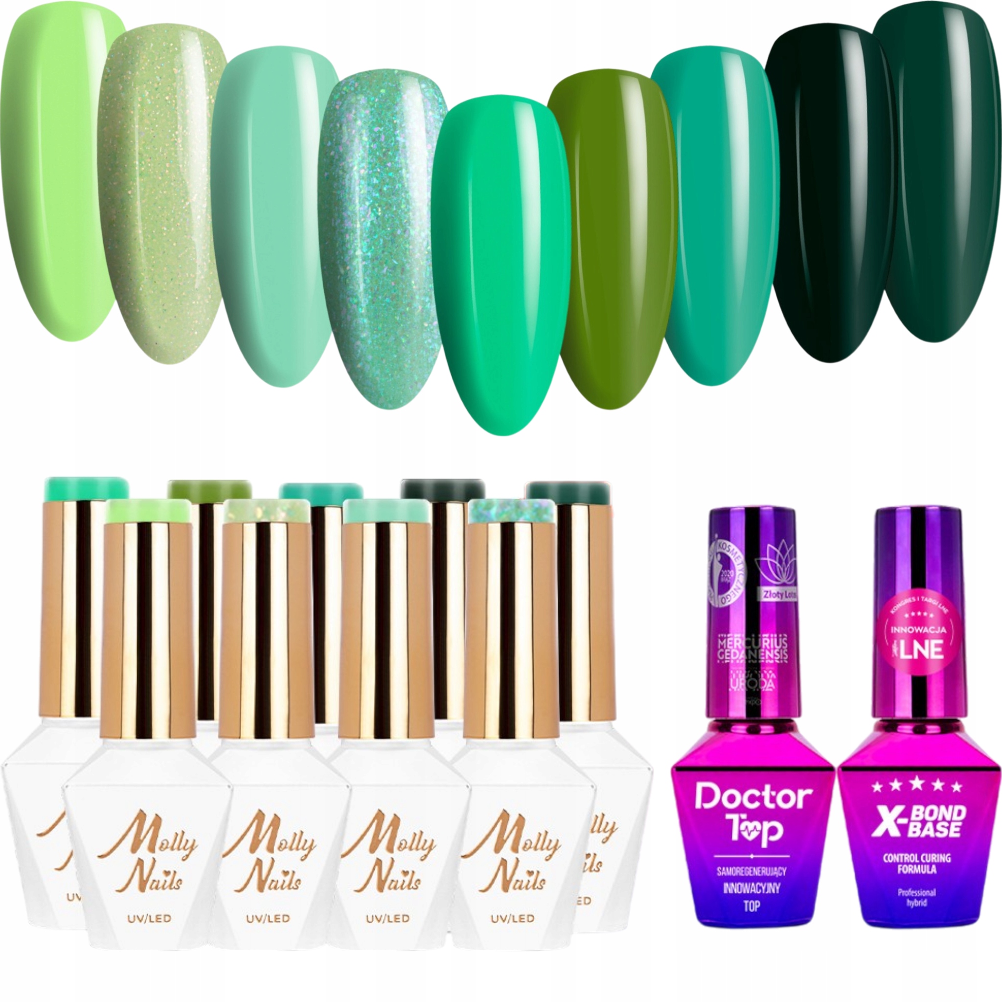 9x Hybridní lak Mollynails 8 g Green Party Báze Top Set