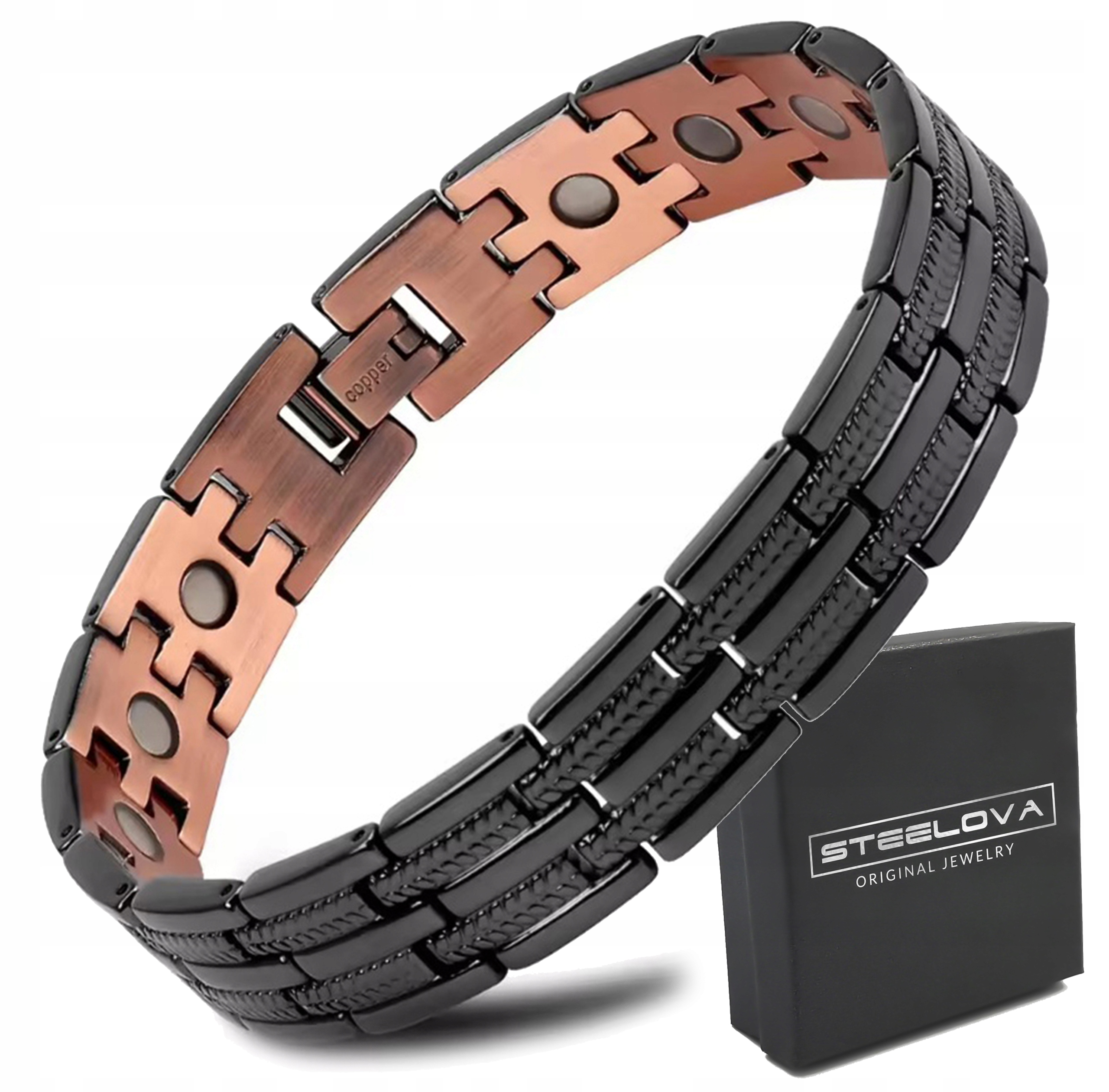 Měděný Náramek s Neodymovými Magnety, Černý Povlak 22 cm Bonus
