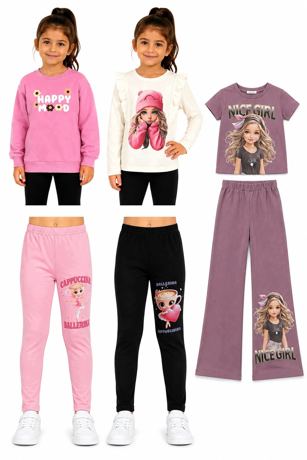 Zestaw ubrań dla dziewczynki 104 110 bluza bluzki legginsy 6 elementów