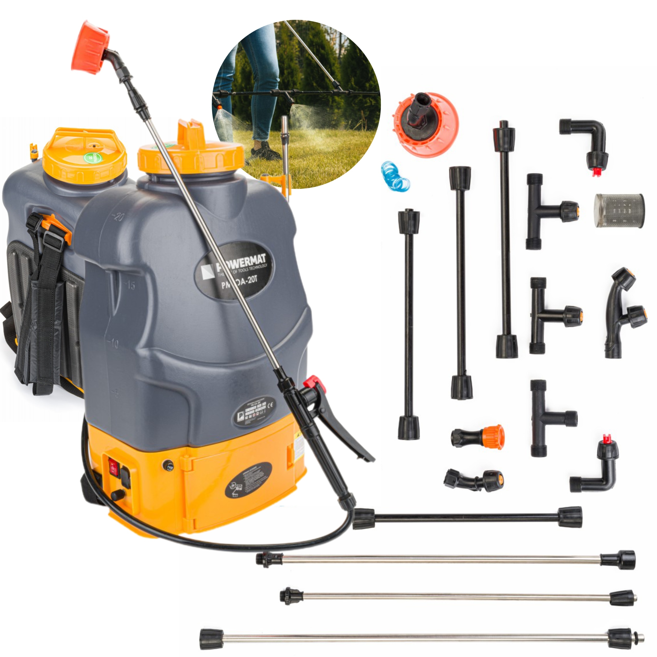 Tlakový Akumulátorový Postřikovač Powermat 20 L, Sada 9 Trysek