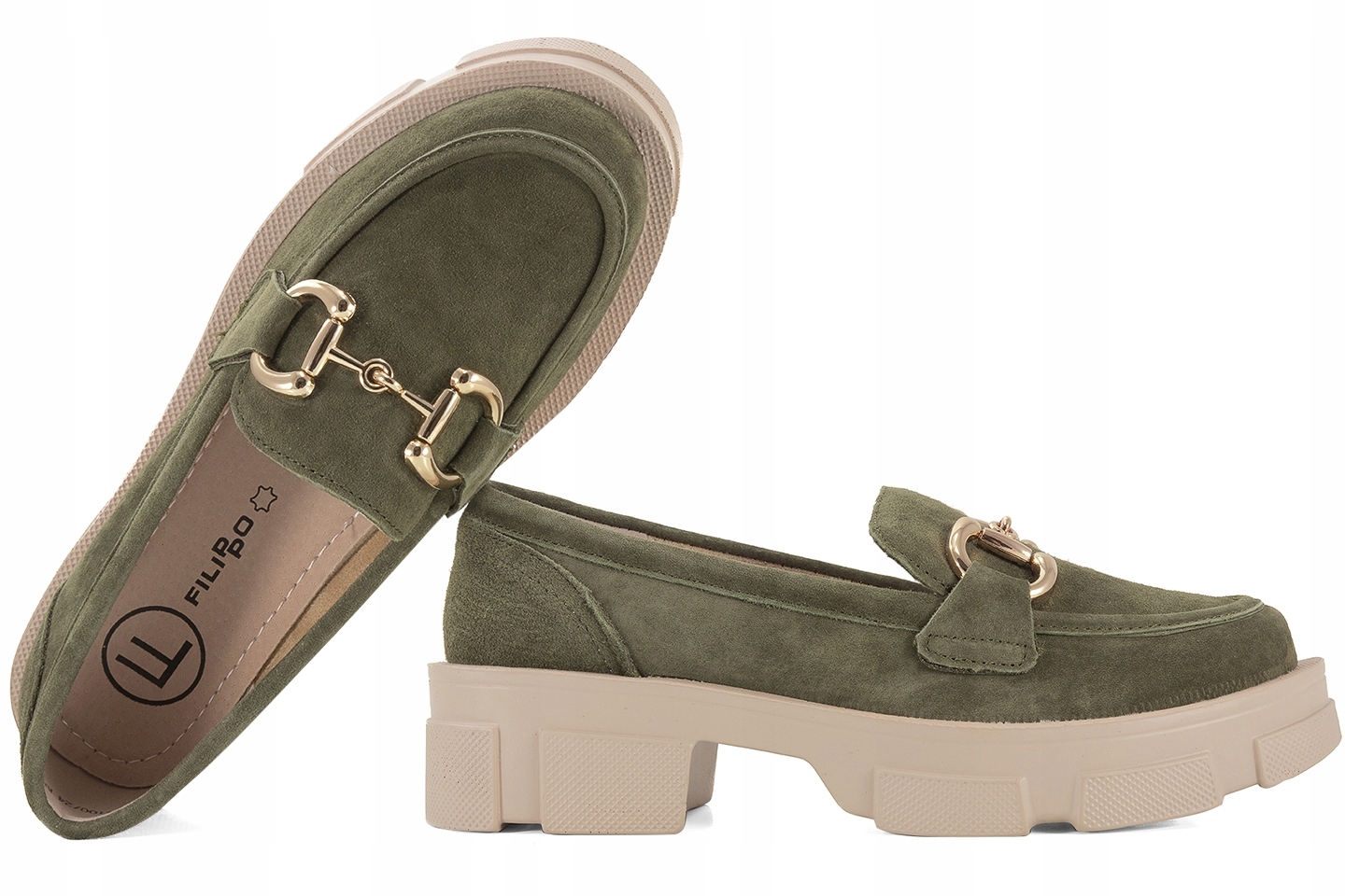 Filippo DP6100 Półbuty Damskie Mokasyny Skórzane Zamszowe khaki