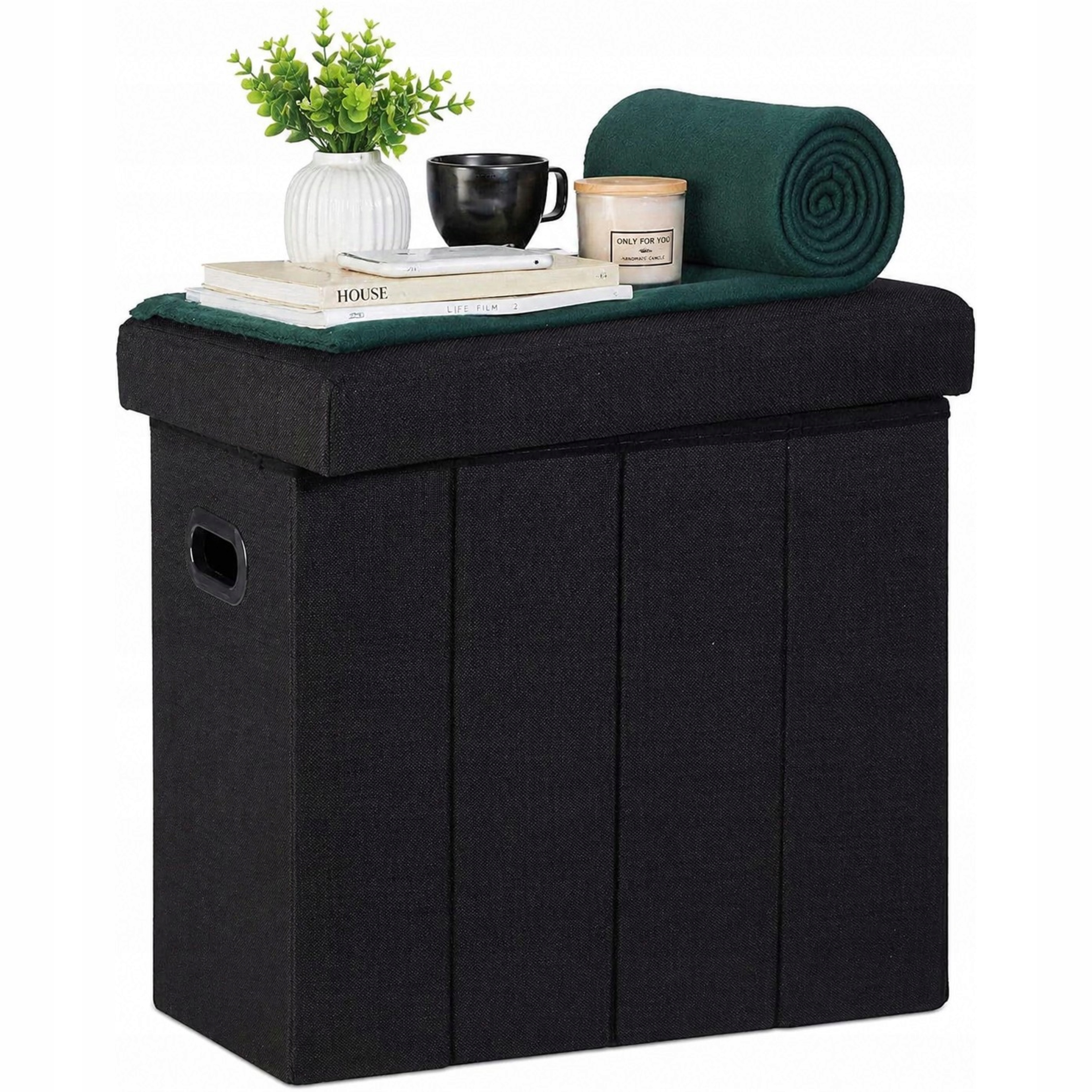 Skládací Taburet Otomana s nádobou 50L Len Polyester Černá 49,5x46x25,5 cm