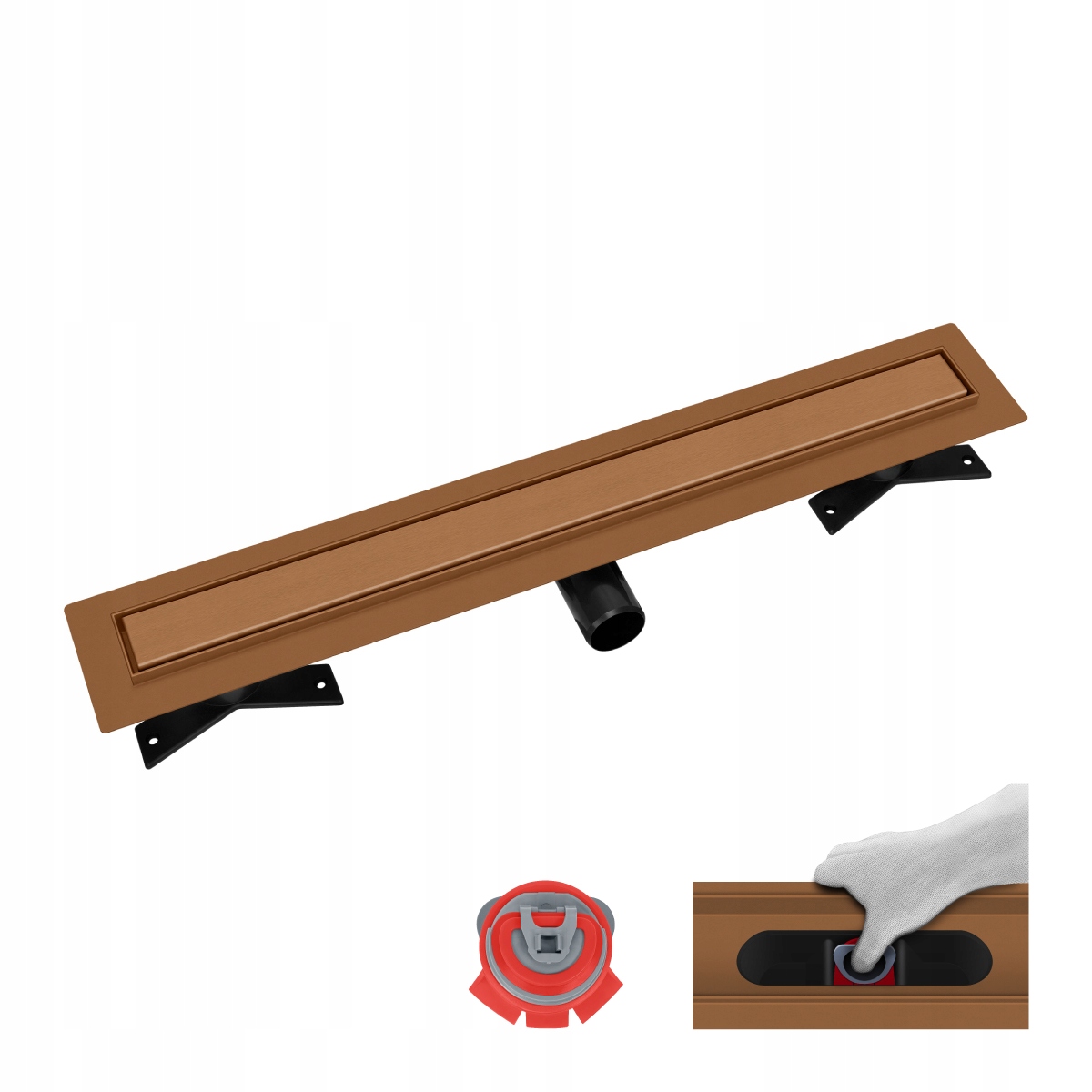 Měděný lineární odtok Vogi Premium Duo 90 cm Pvd – sada se suchým sifonem