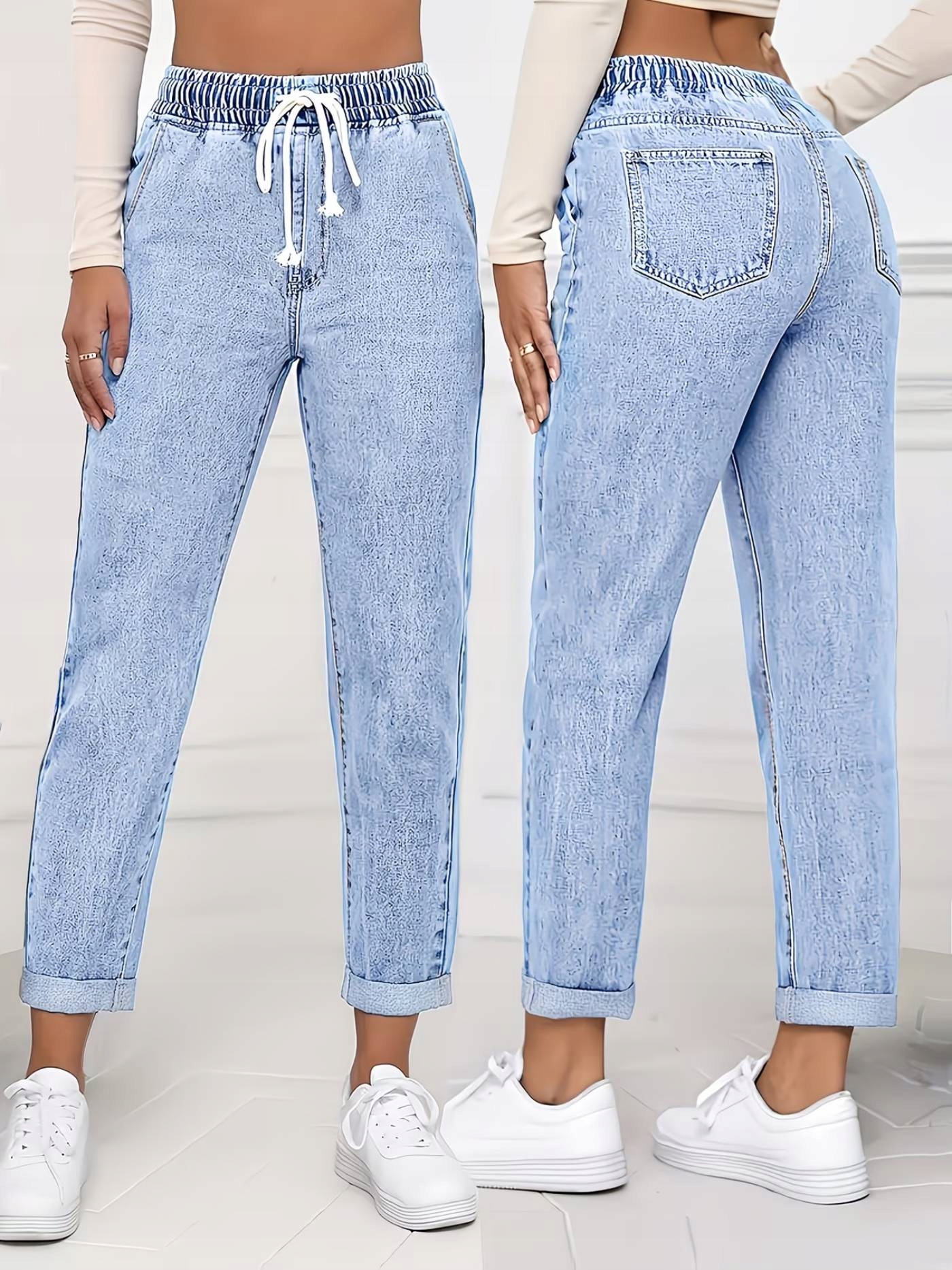 Damskie Spodnie Jeansowe Niebieskie Gumka W Pasie Mom Fit Luźne