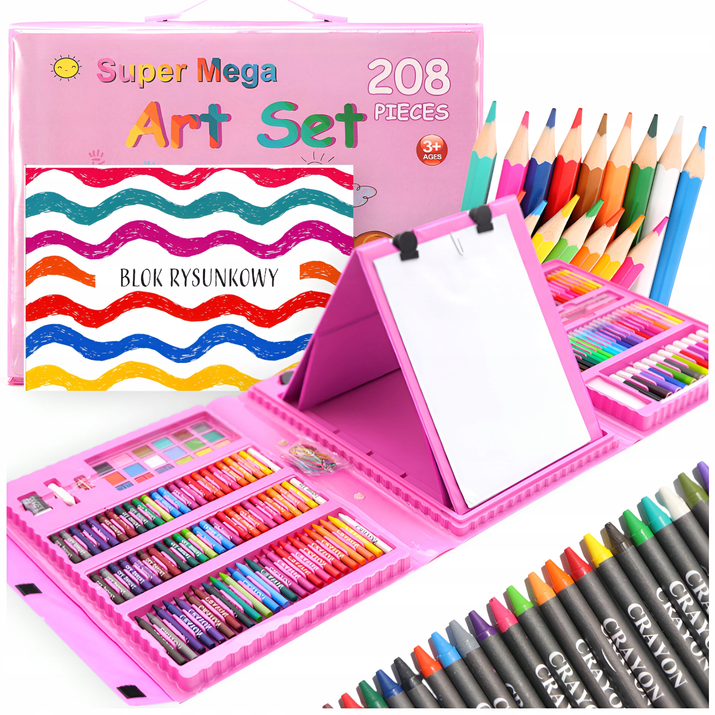 ZESTAW ARTYSTYCZNY DO MALOWANIA RYSOWANIA KOLOROWANIA XXL 208 ELE. RÓŻOWY