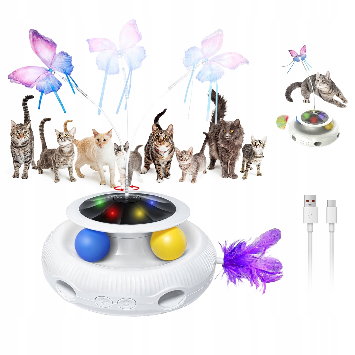 Levně Hračka Pro Kočky Automatický Motýlek S Led Míčky