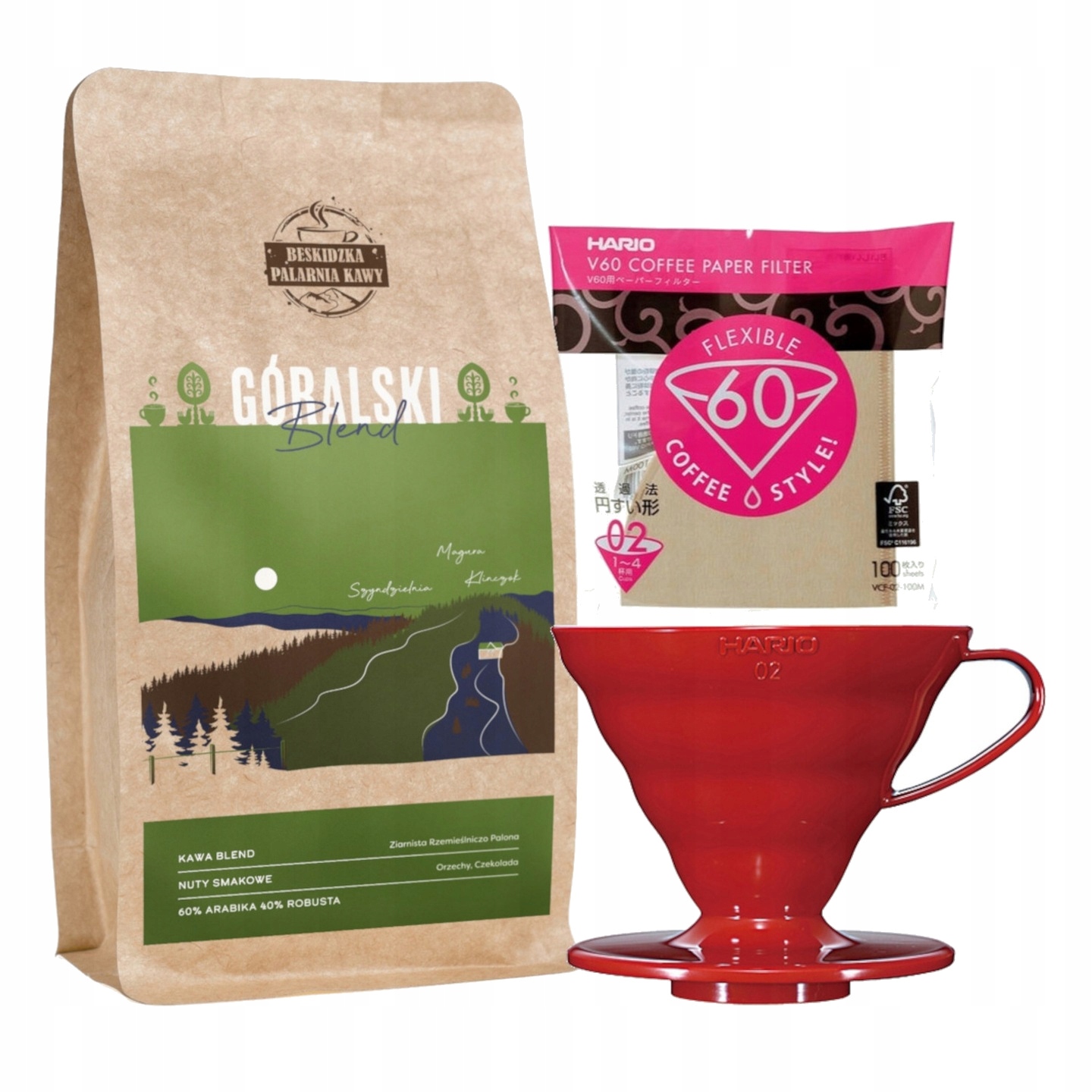 Levně Káva Horský Blend 250 g Drip Červený Plastový V60-02 Filtry 100 ks