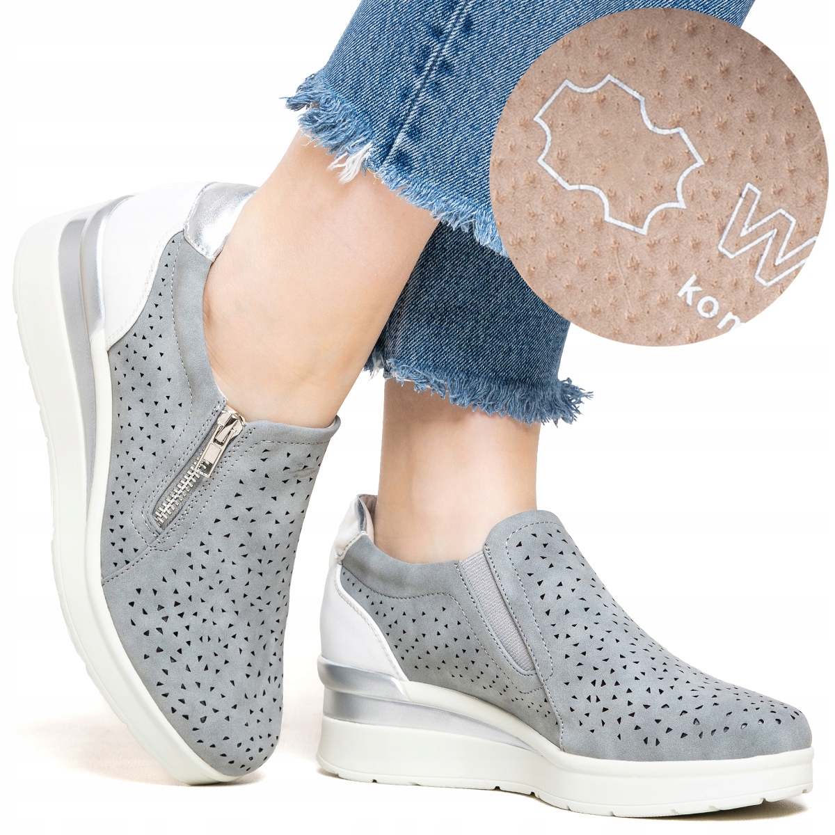 Polobotky z Kůže na klínku, Pohodlné, lehké, Ažurové, elegantní, se ZIPem Wojtyłko 39