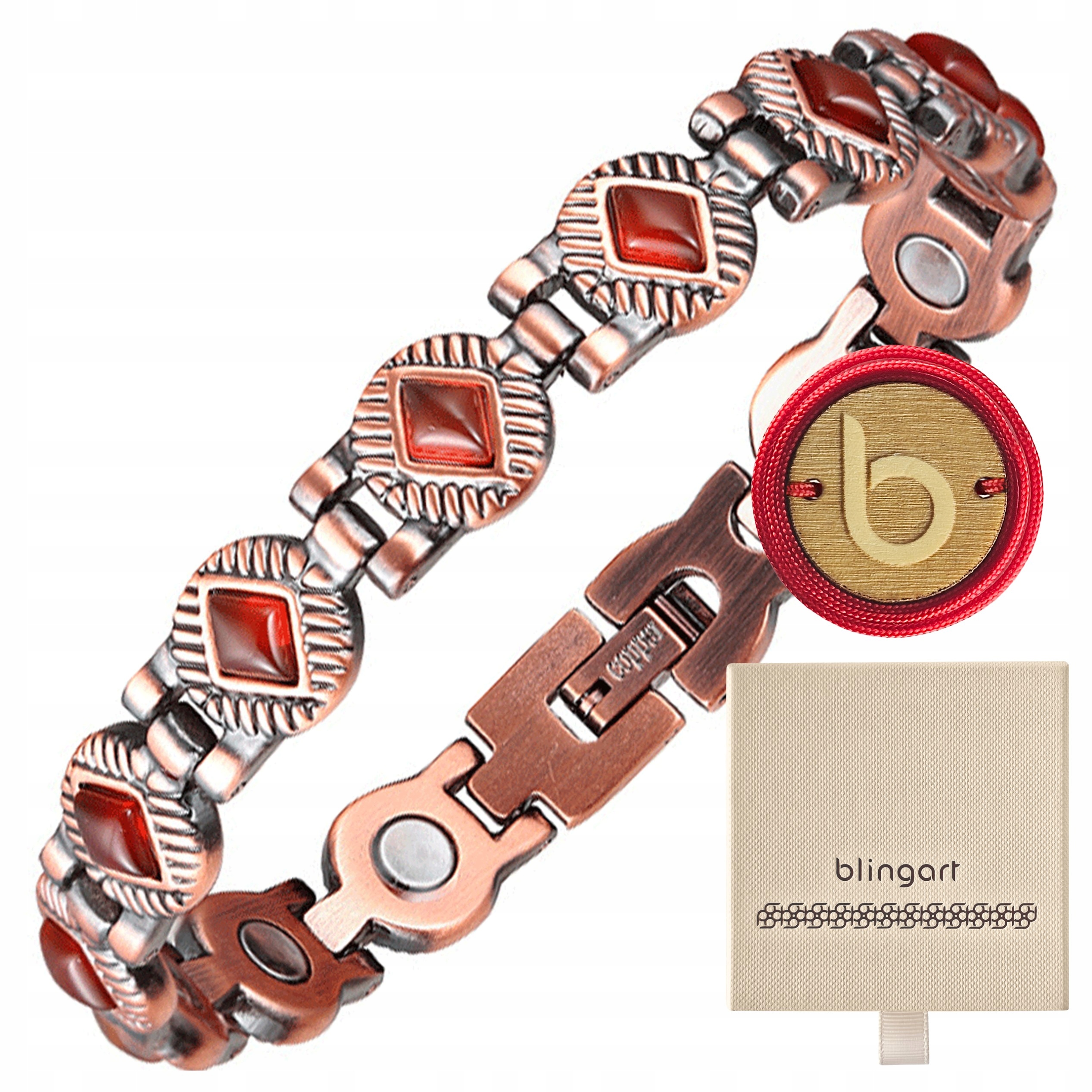 Dámský magnetický měděný náramek s přírodními kameny, granátová barva