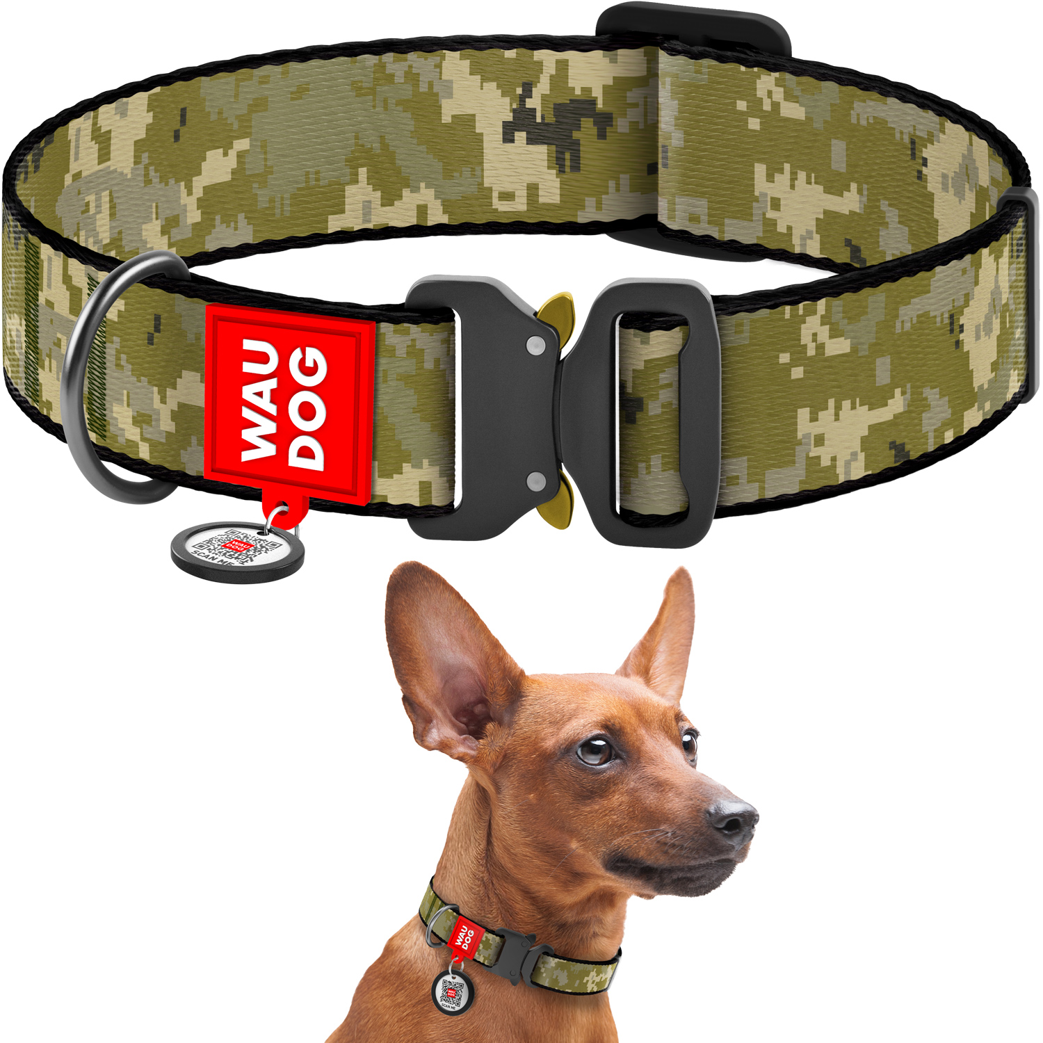 Levně Nylonový obojek pro psa s Qr kódem, odolný, kovová spona, Military, vel. XXL