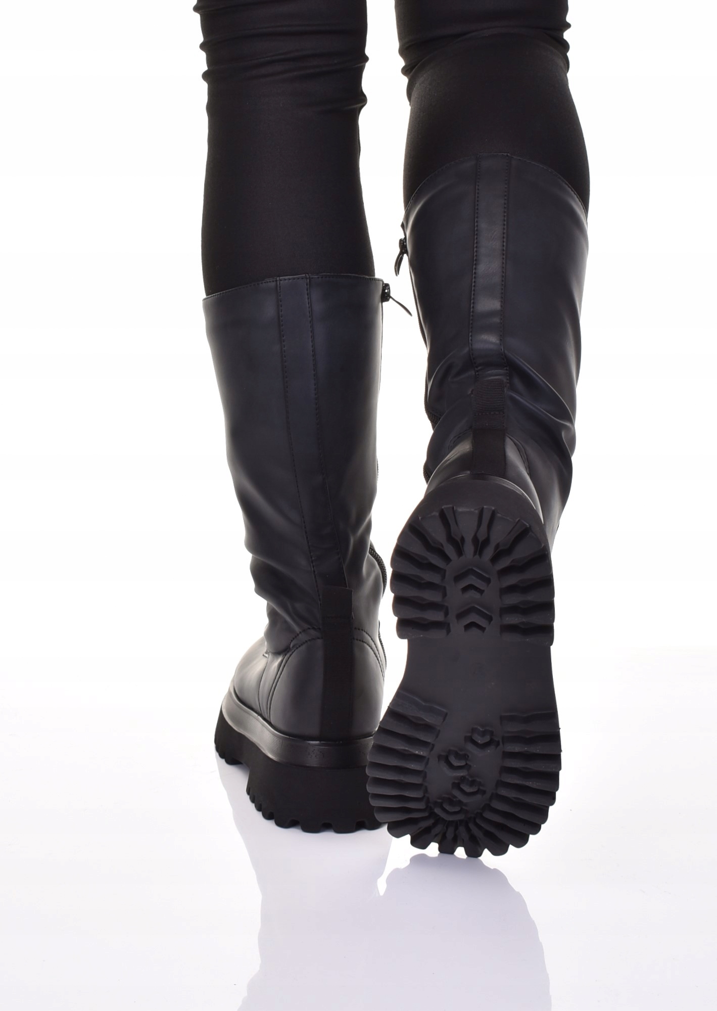 MODNE KOZAKI DAMSKIE SKÓRZANE BUTY WYSOKIE NA PLATFORMIE OCIEPLANE Długość wkładki 25 cm