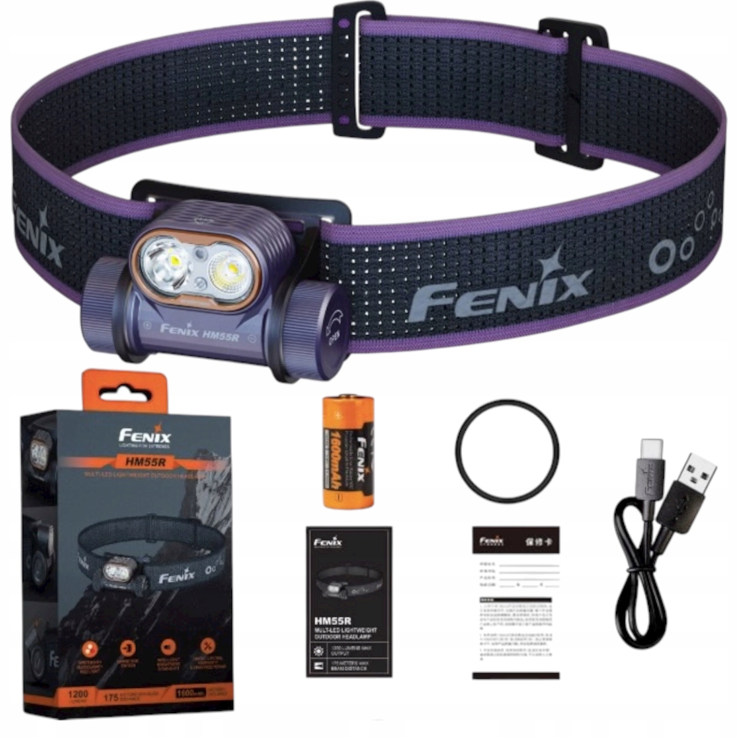 Čelovka Fenix HM55R tmavě fialová 1200 lm 175 m Led bílá červená